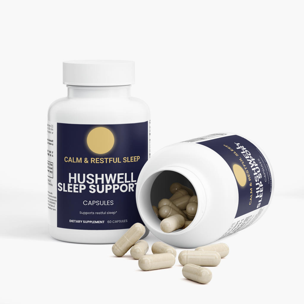 Hushwell Sleep Support bottles laid down with capsules spilling out