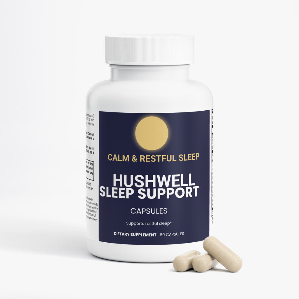 Hushwell Sleep Support bottle with capsules beside it