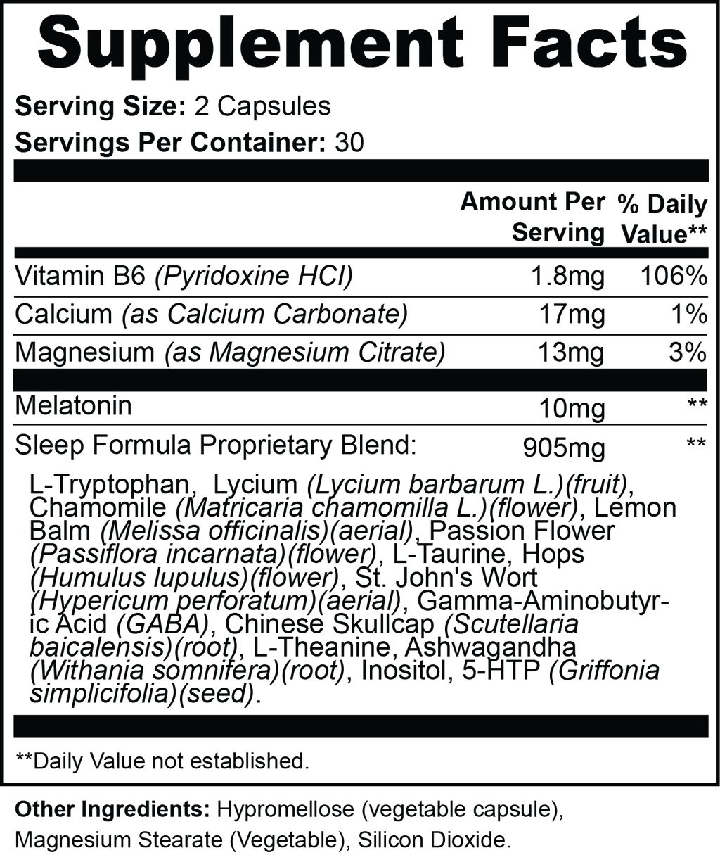 Hushwell Sleep Support Supplement Facts panel: melatonin 10mg, magnesium citrate 13mg, vitamin B6, 905mg calming blend