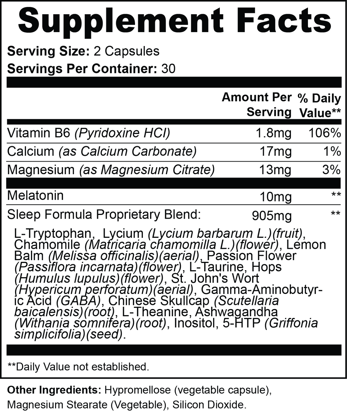 Hushwell Sleep Support Supplement Facts panel: melatonin 10mg, magnesium citrate 13mg, vitamin B6, 905mg calming blend